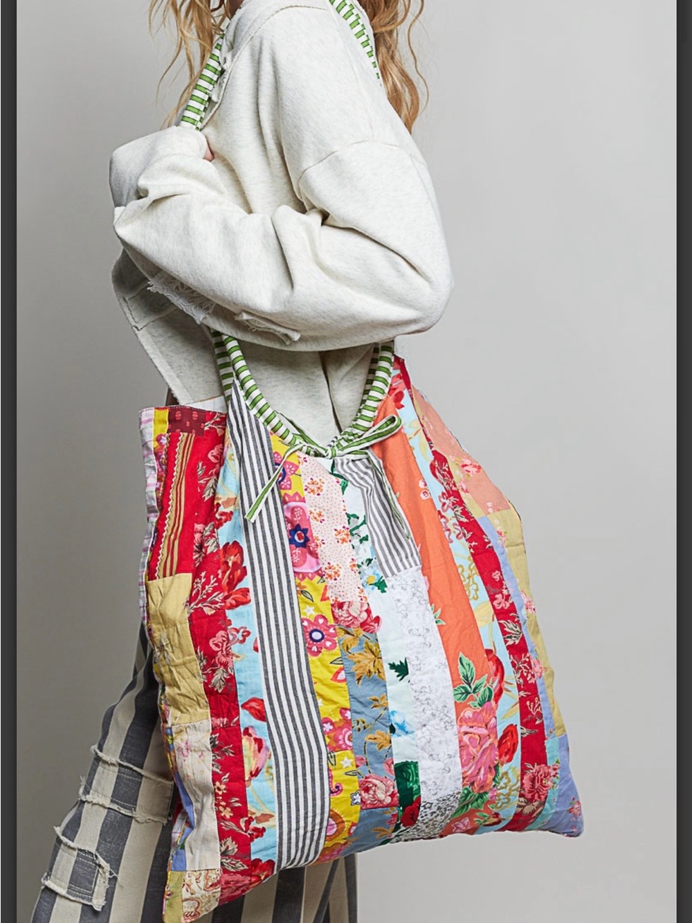 HMQD5 POLPatchwork Stripe Tote Bag in Multicolor - Lightweight Everyday Shoulder - Picture 2 of 13